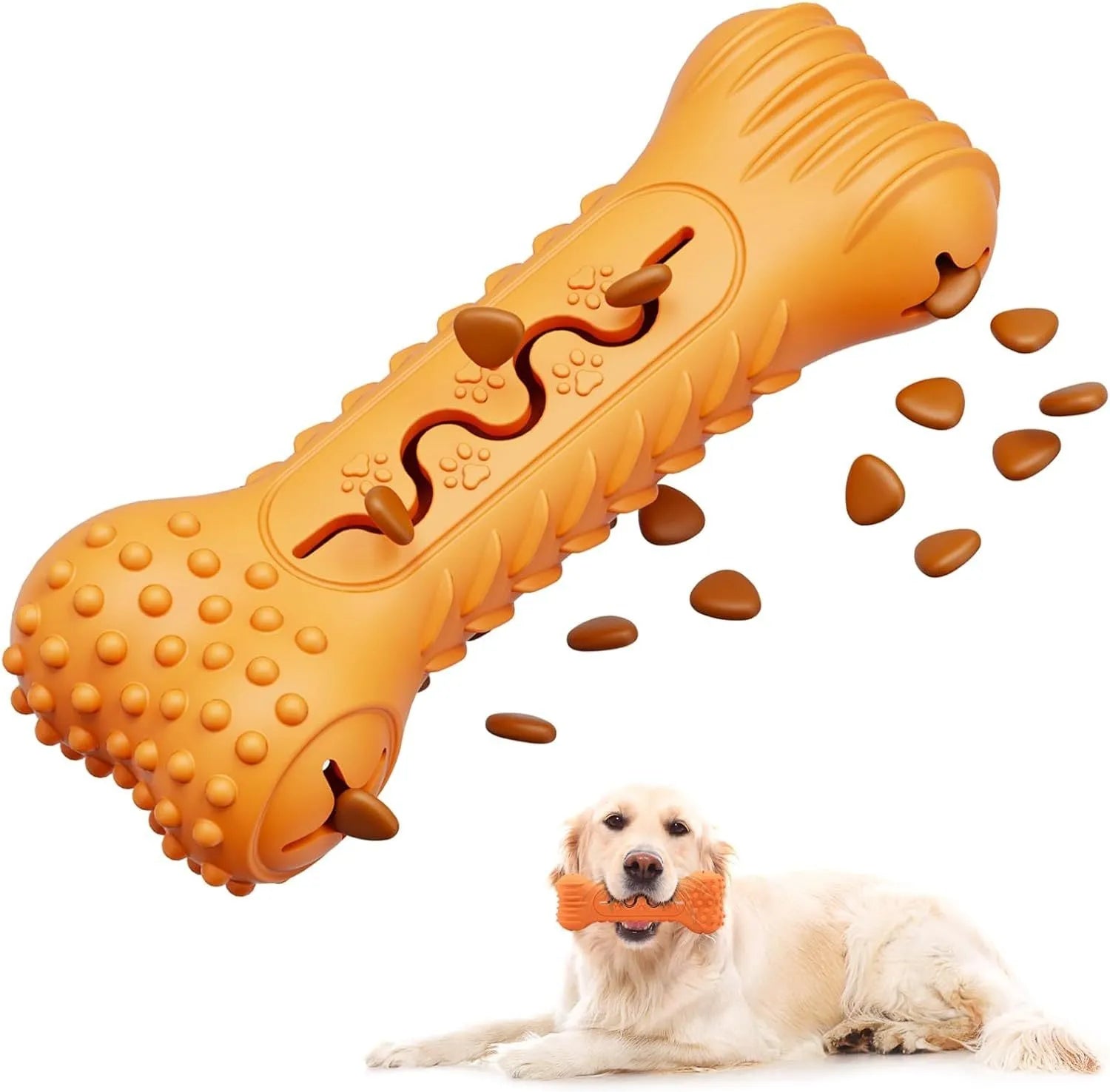 Blue bone-shaped natural rubber dog chew toy on a white background.