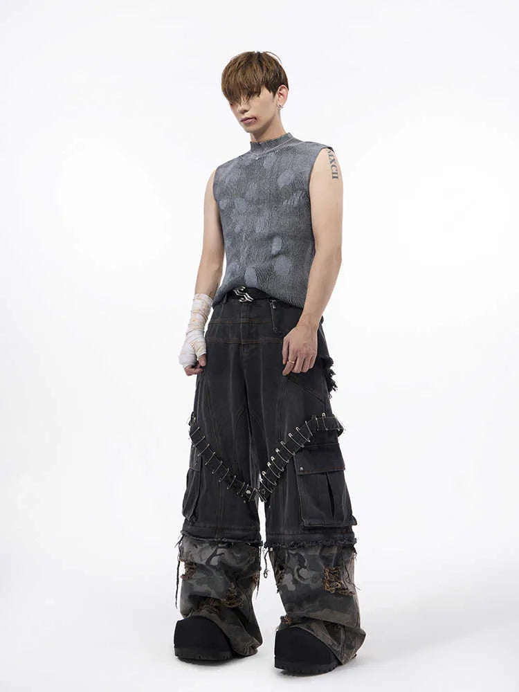 Black silver pastebrushing men's sleeveless t-shirt with a stand collar on a hanger.