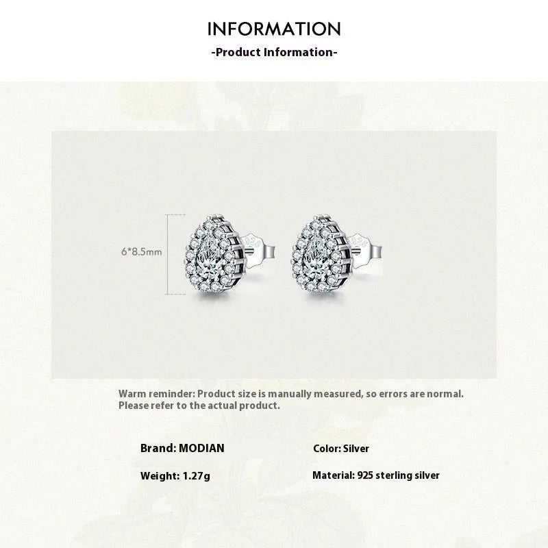 Women's silver water drop ear studs with 925 sterling silver construction and diamond treatment