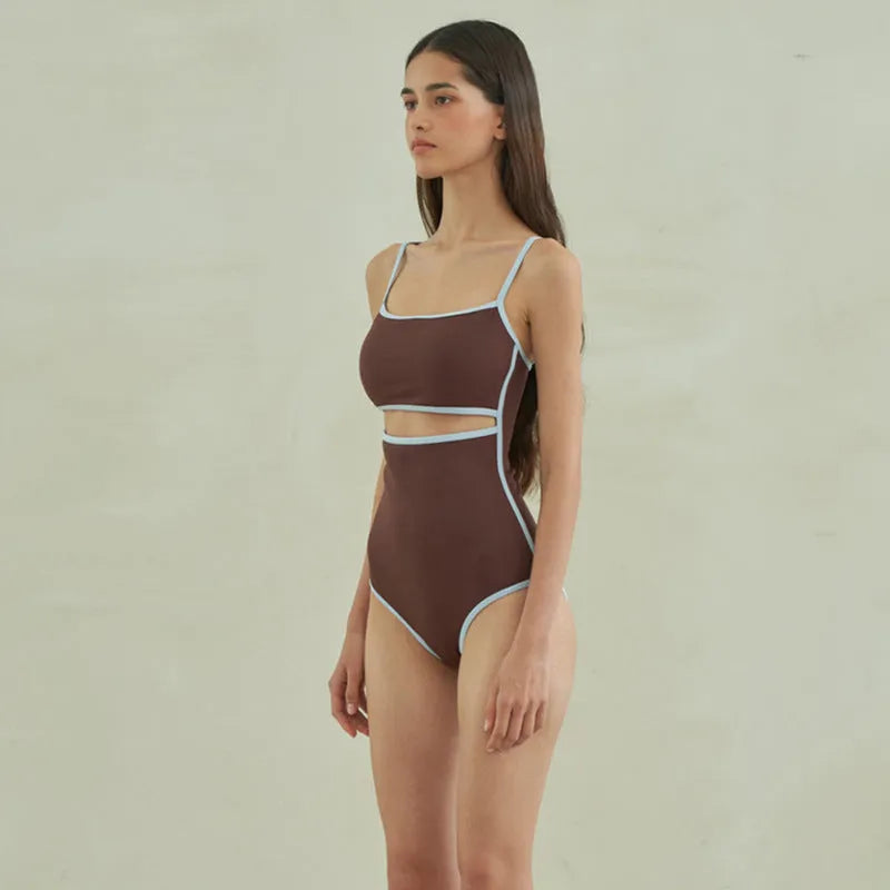 Brown triangle one-piece swimsuit for women with nylon fabric construction