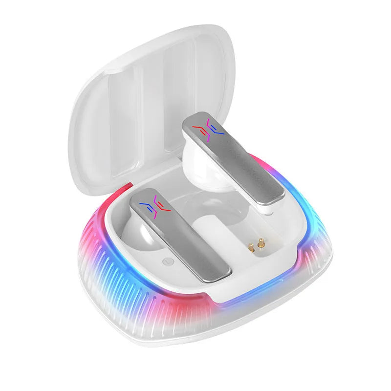 Hall Flashing wireless gaming headset in black or white with earplug design and USB Type-C cable