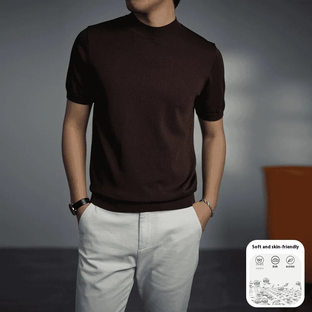Men's solid colour knitted T-shirt with round neck and short sleeves on a hanger.