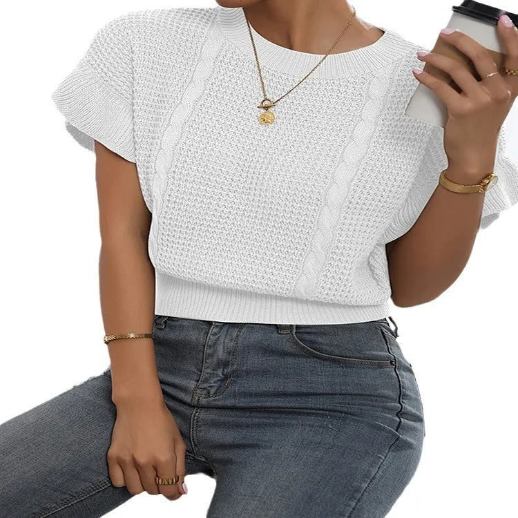 Knitted pullover sweater with twisted string ruffled short sleeves in round neck design