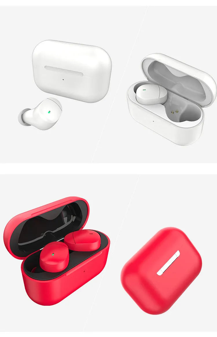 Flame red Qualcomm TWS 3040 Bluetooth 5.2 wireless earplug headset with charging cable.