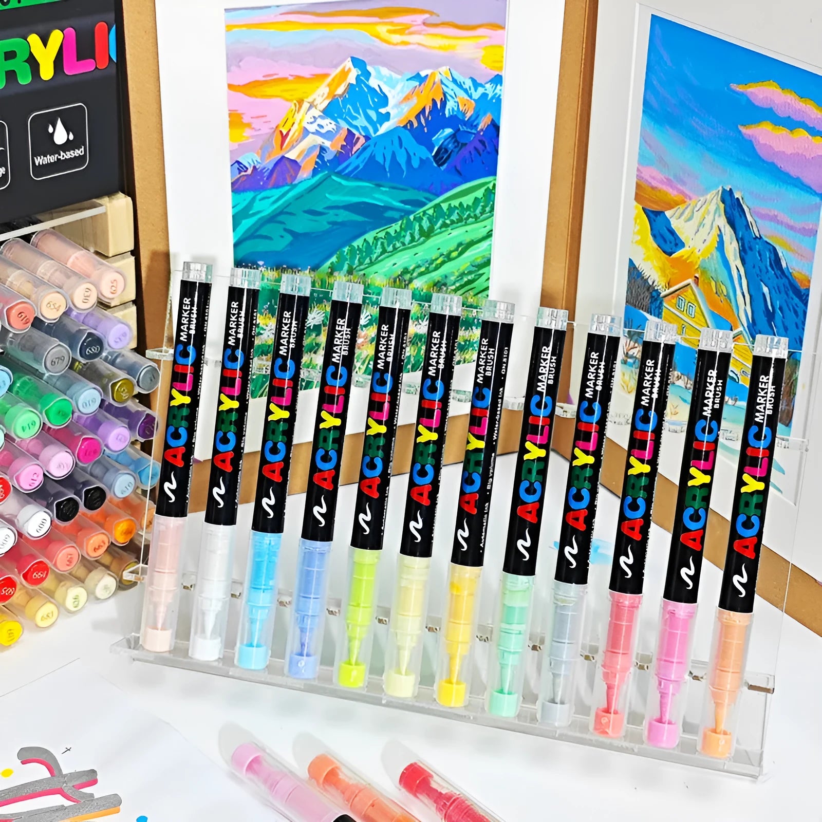 Set of straight liquid acrylic marker pens with soft tips in multiple colours for painting and graffiti