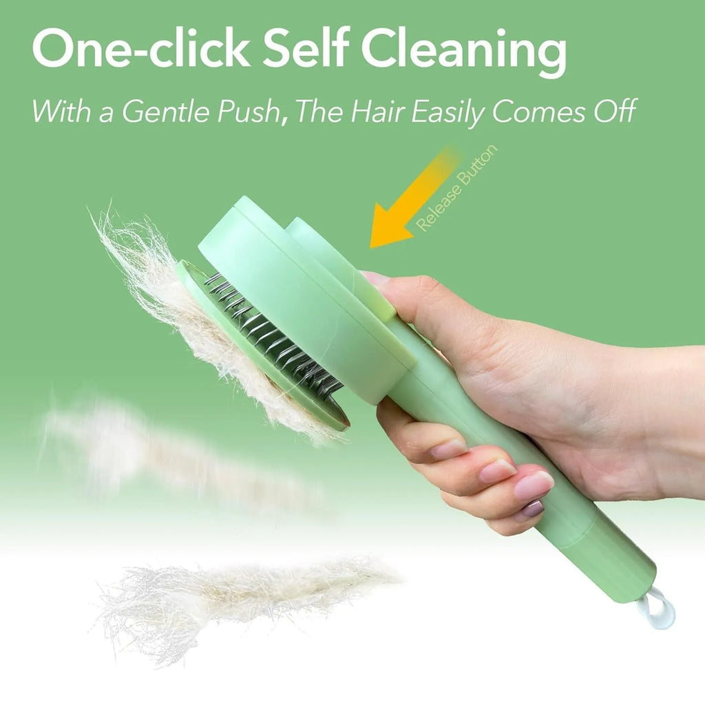 Green and yellow pet grooming brush with stainless steel deshedding teeth and hanging loop