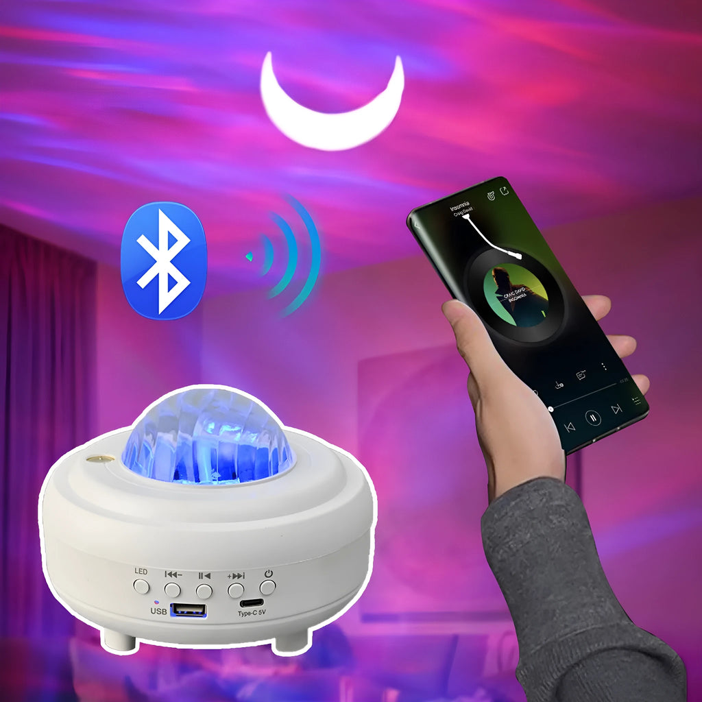White Galaxy Star Projector night light projecting blue star patterns on ceiling