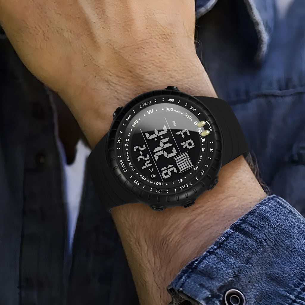 Black men's waterproof outdoor electronic watch with plastic case and PU strap