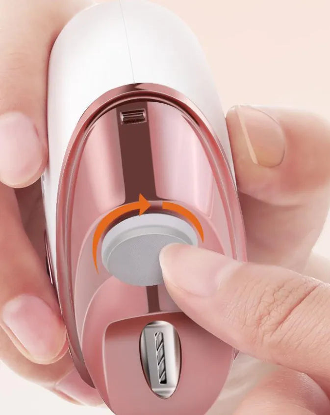 Electric nail clipper and polish two-in-one tool with Type-C charging port in blue, orange, and white colour options