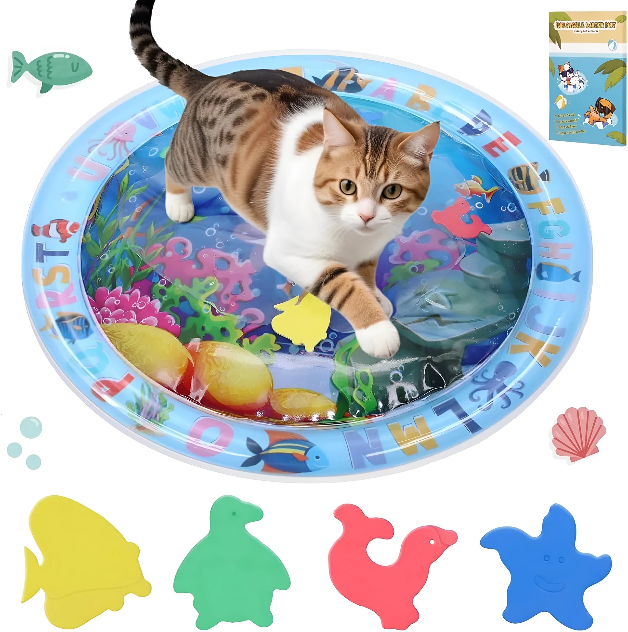 Large blue ocean-themed water playmat for cats and dogs with floating fish toys inside
