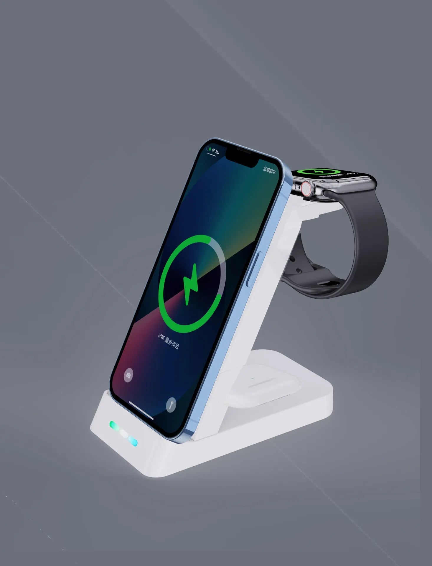 Black and white three-in-one 65W wireless charging station with phone stand for iPhone and Samsung devices