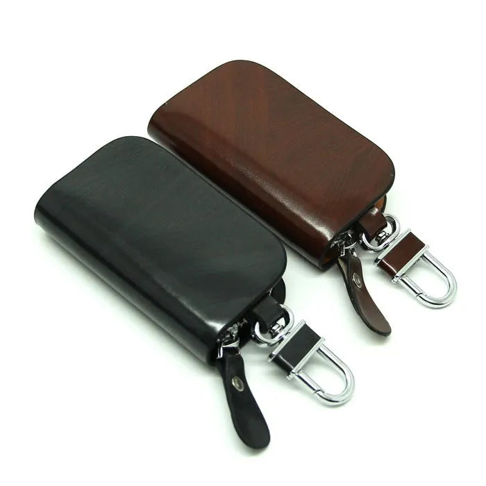 Genuine leather car key case with frost finish and zipper closure in black or brown