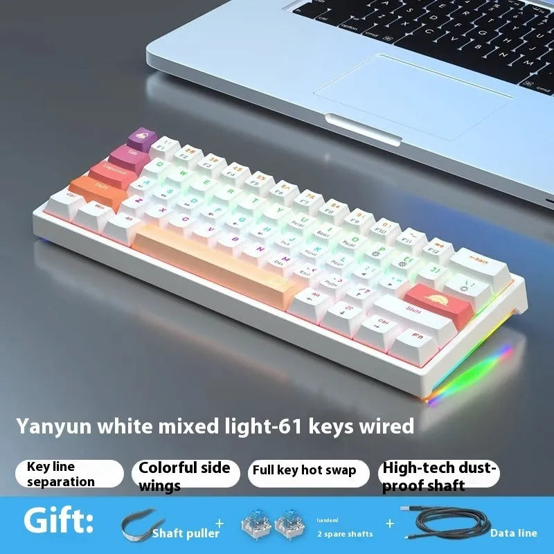 Blue and white 61-key compact mechanical keyboard with hot-swappable switches on black background