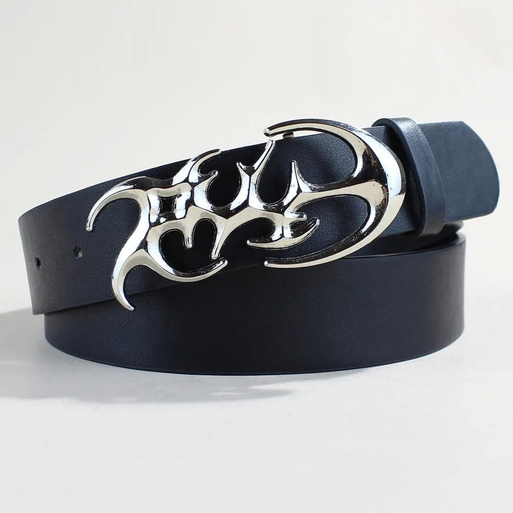 Silver buckle PU leather casual belt with snap button fastening.