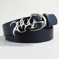 Silver buckle PU leather casual belt with snap button fastening.