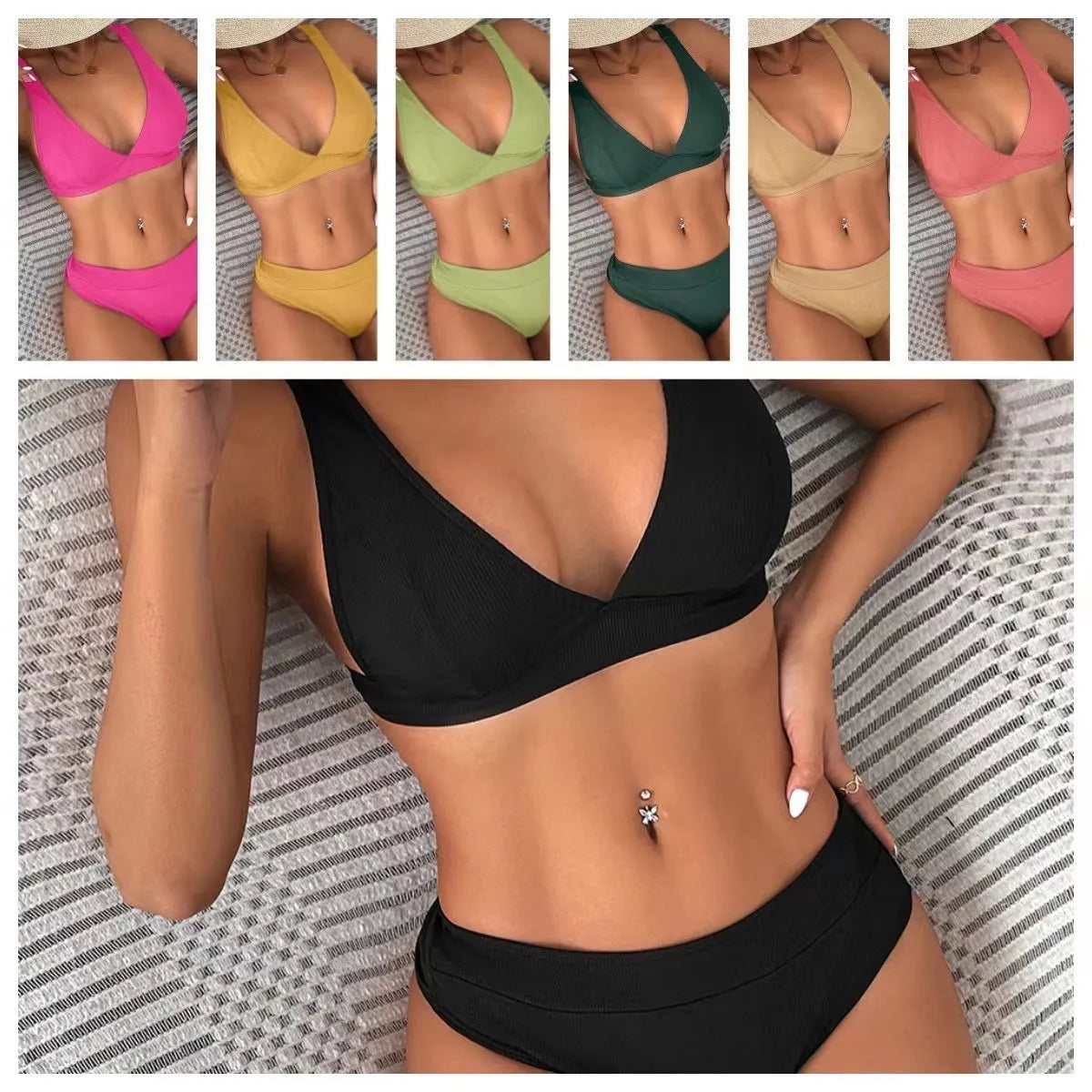 Women's black lace-up front split bikini swimsuit on a mannequin.