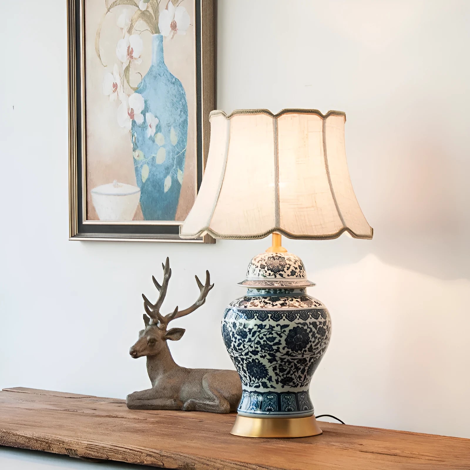 Chinese blue and white porcelain table lamp with ceramic base and cloth shade