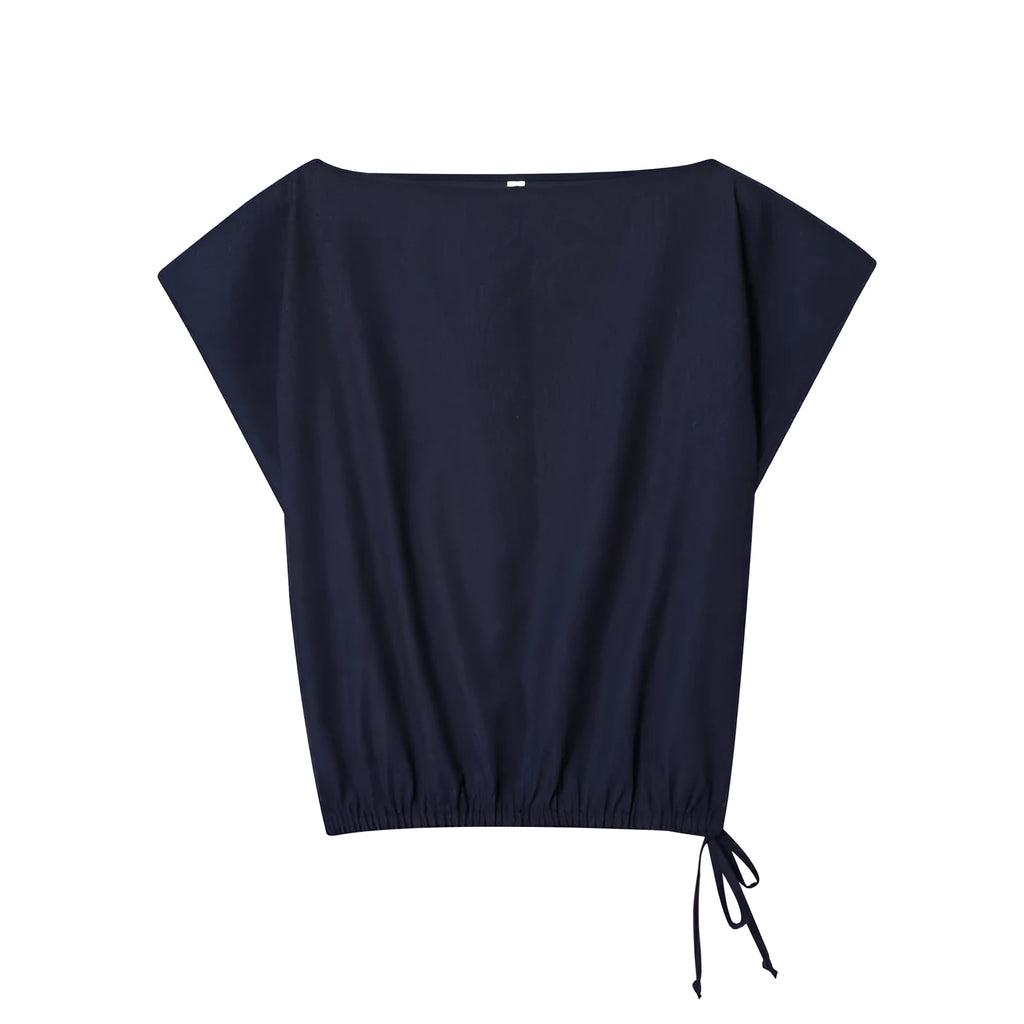 Women's linen-style shirt with flounced sleeves and matching wide-leg trousers in polyester blend fabric