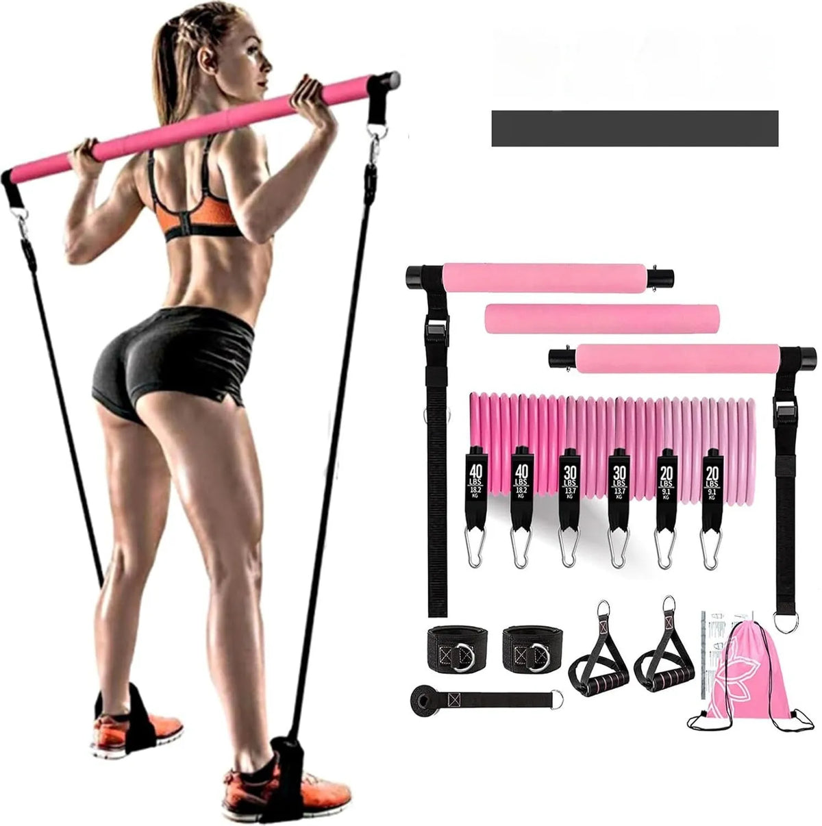 Yoga gymnastic bar 180 pounds resistance band pull rope set in pink and black TPE material