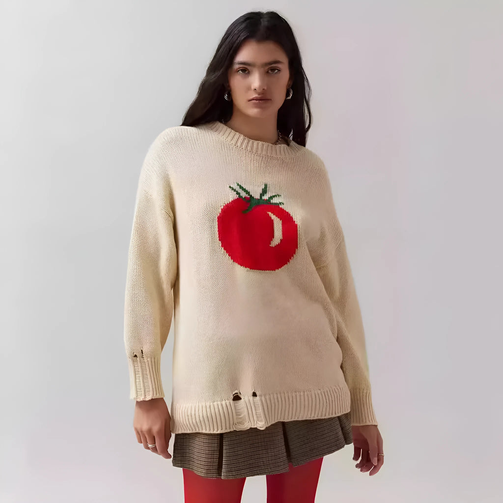 Women's Milky White acrylic Jacquard pullover sweater with a round neck and loose long sleeves.