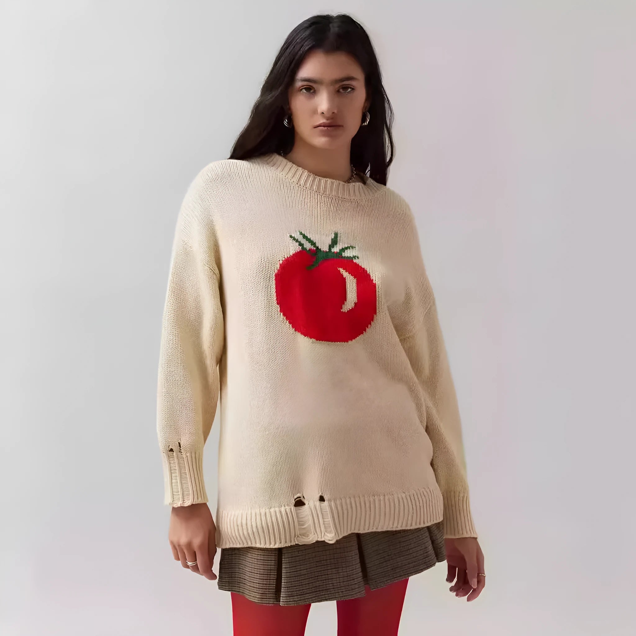 Women's Milky White acrylic Jacquard pullover sweater with a round neck and loose long sleeves.