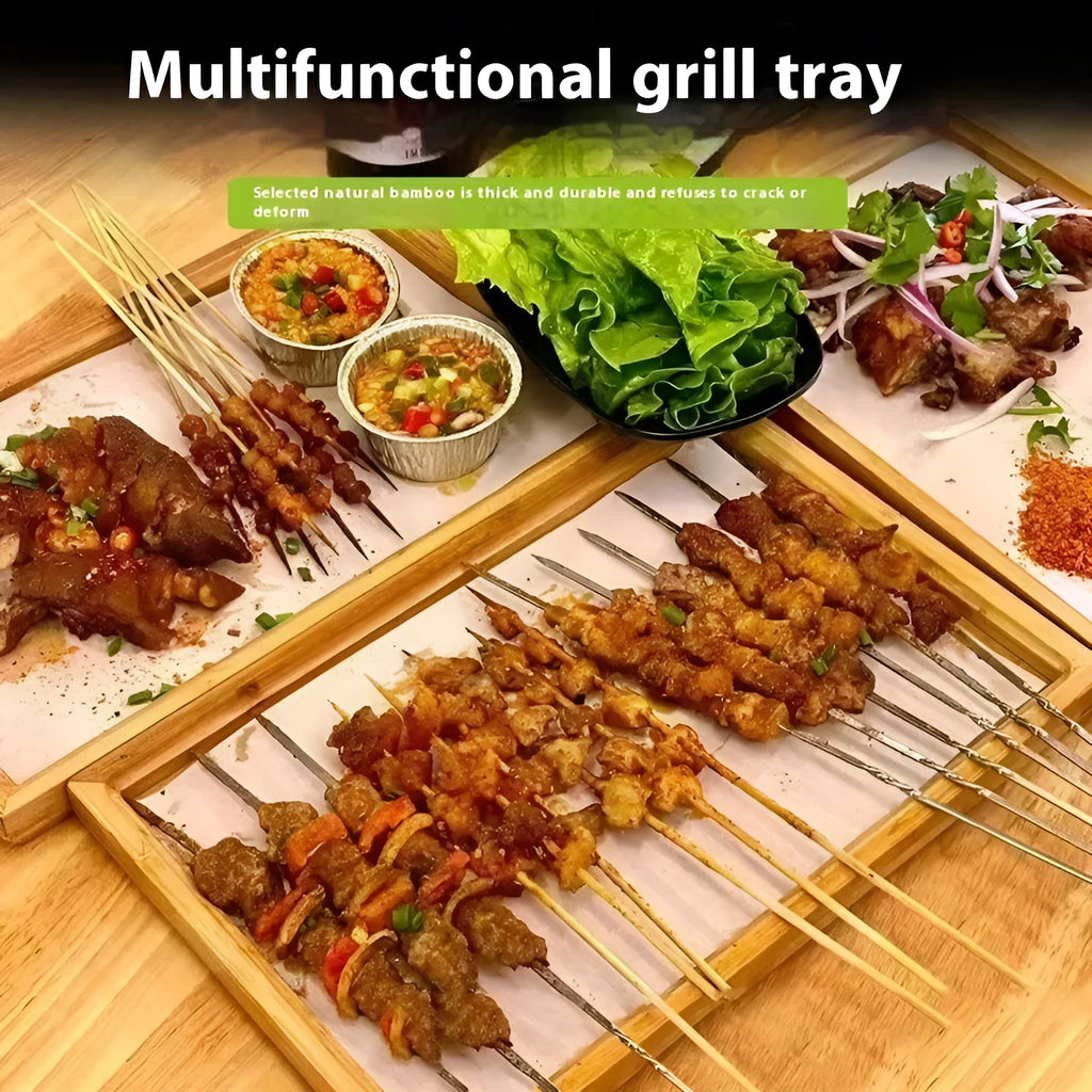 Brown handle bamboo barbecue serving tray with square shape and solid colour pattern