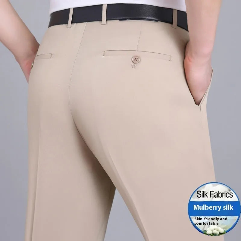 Men's straight-leg business trousers in mulberry silk blend with high waist and non-iron fabric