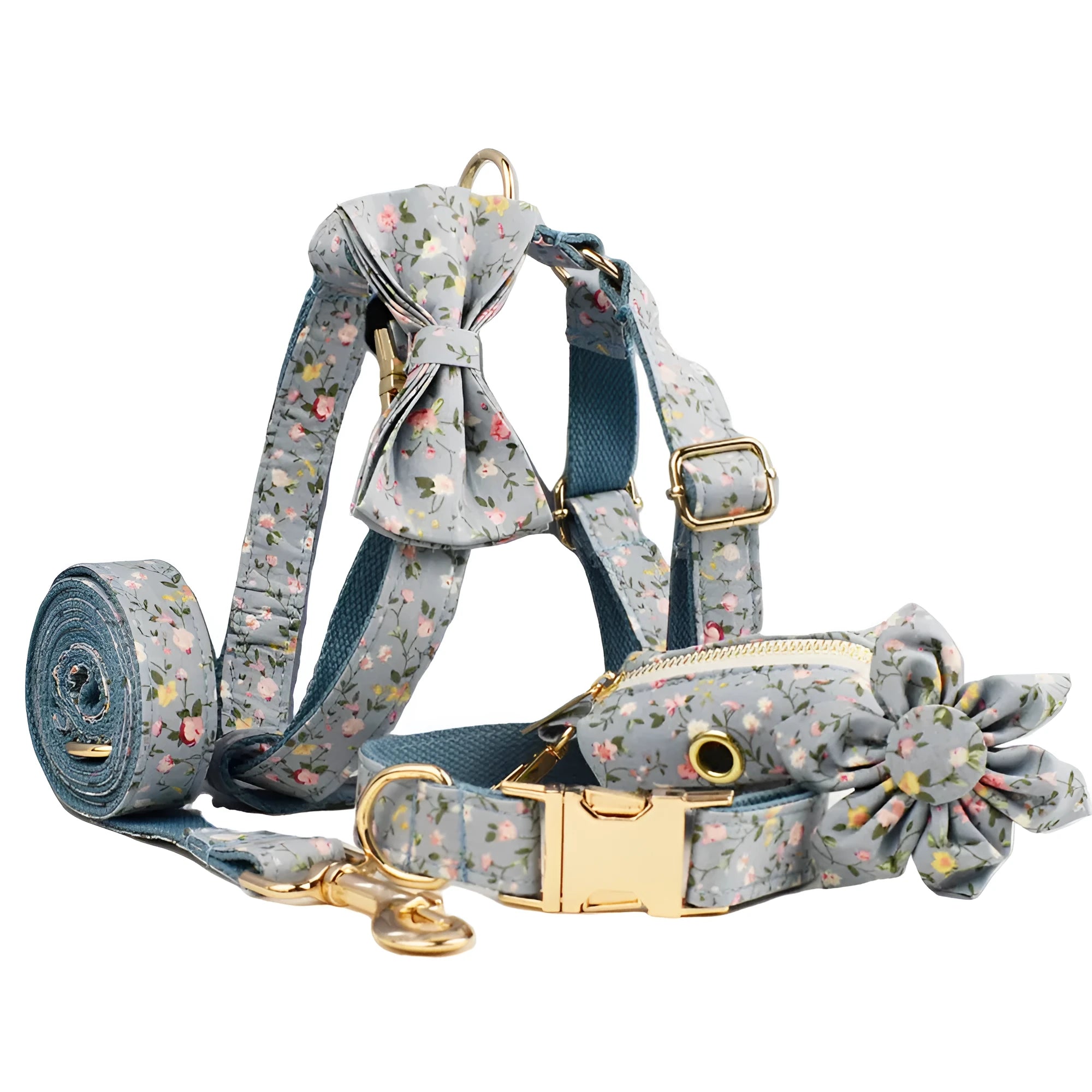 Floral patterned dog collar set with matching leash and vest for pet accessories