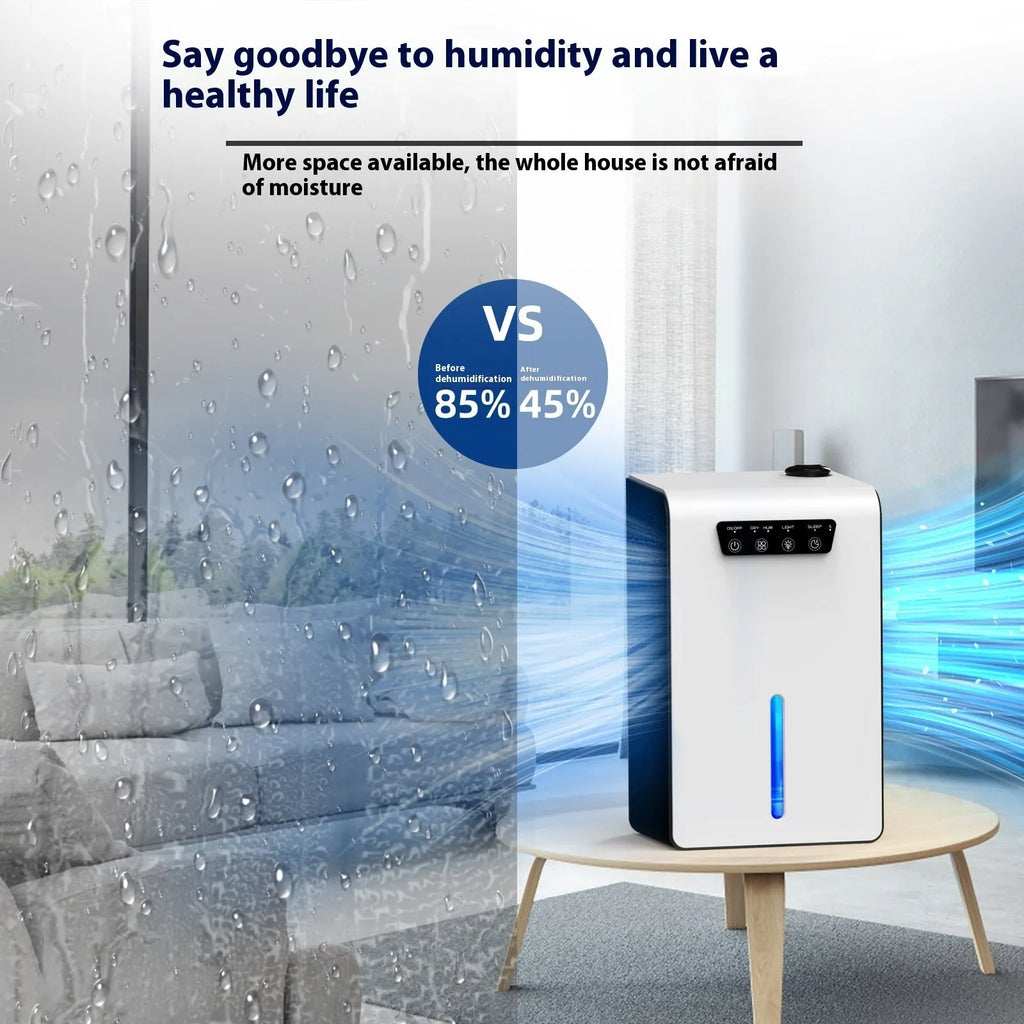 Milk white compact household dehumidifier with water tank on a bedroom floor.