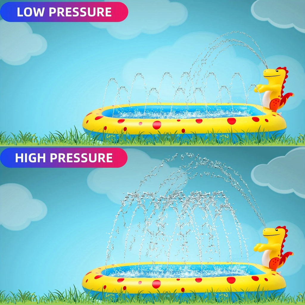 Blue dinosaur-shaped inflatable water spray pool with shark design for kids outdoor play