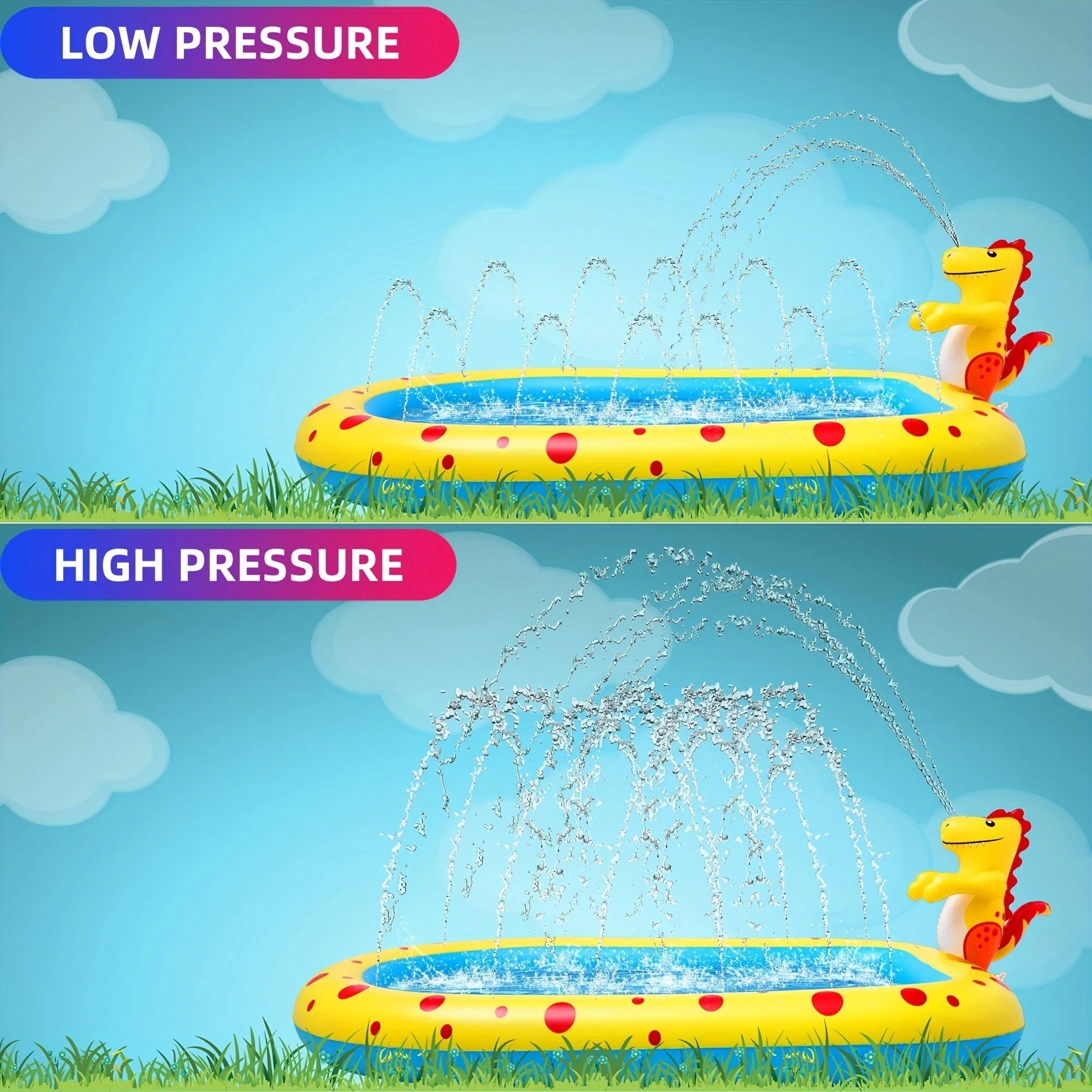 Blue dinosaur-shaped inflatable water spray pool with shark design for kids outdoor play