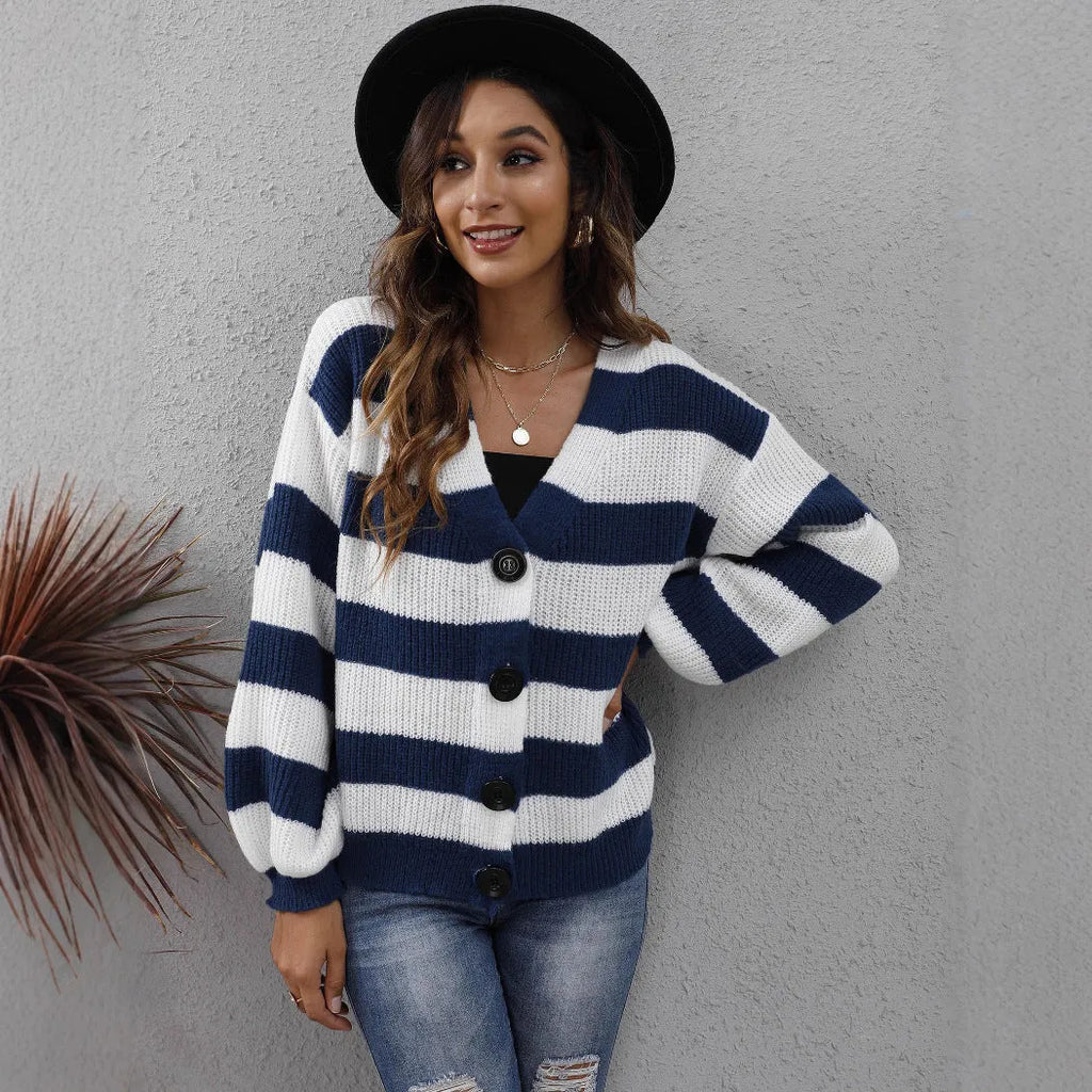 Women's striped deer plush cardigan with button front in blue, black, brown, or dark green.