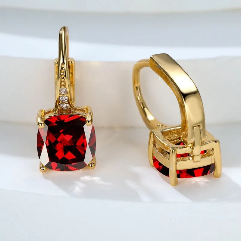 Geometric square zircon earrings with Korean style ear hook design in electroplated copper