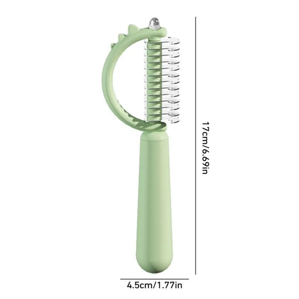 Blue dinosaur-shaped cat brush with double-sided grooming heads for shedding and dematting