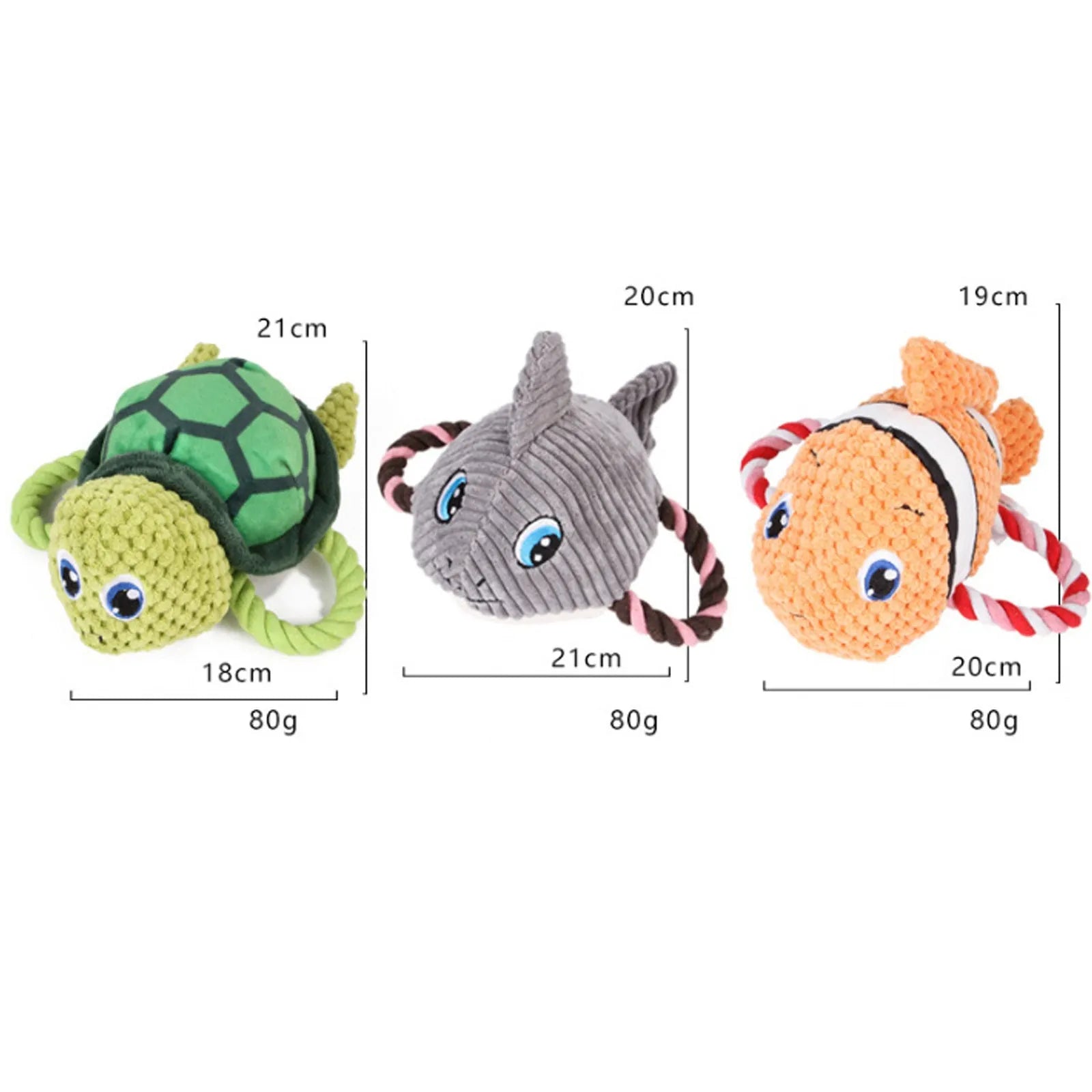 Turtle-shaped plush dog chewing toy with squeaker and hidden knot construction