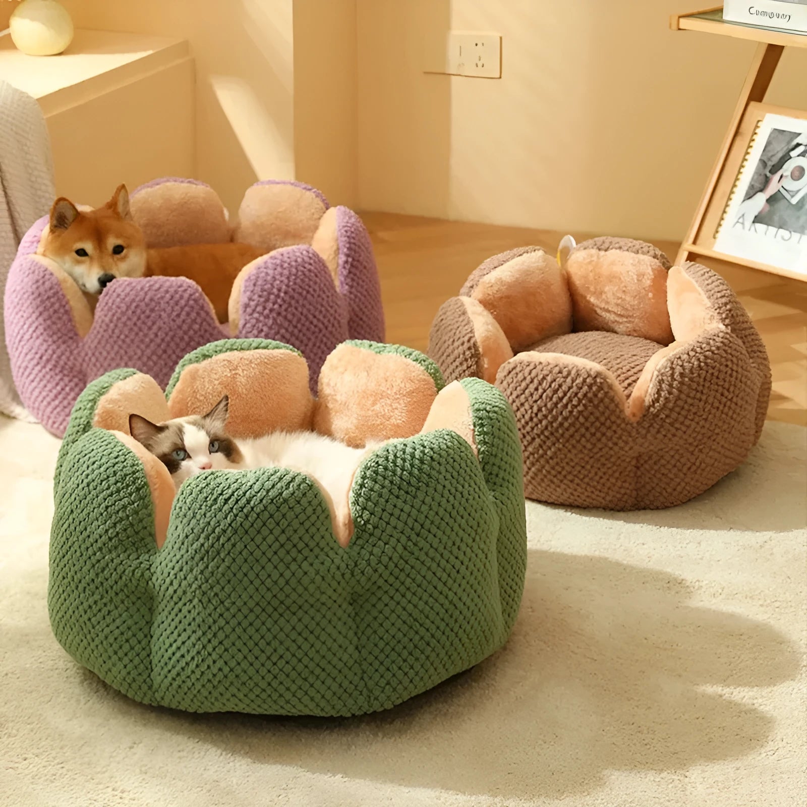 Green cactus petal shaped soft plush dog bed with a cave-like opening for cats and small dogs.