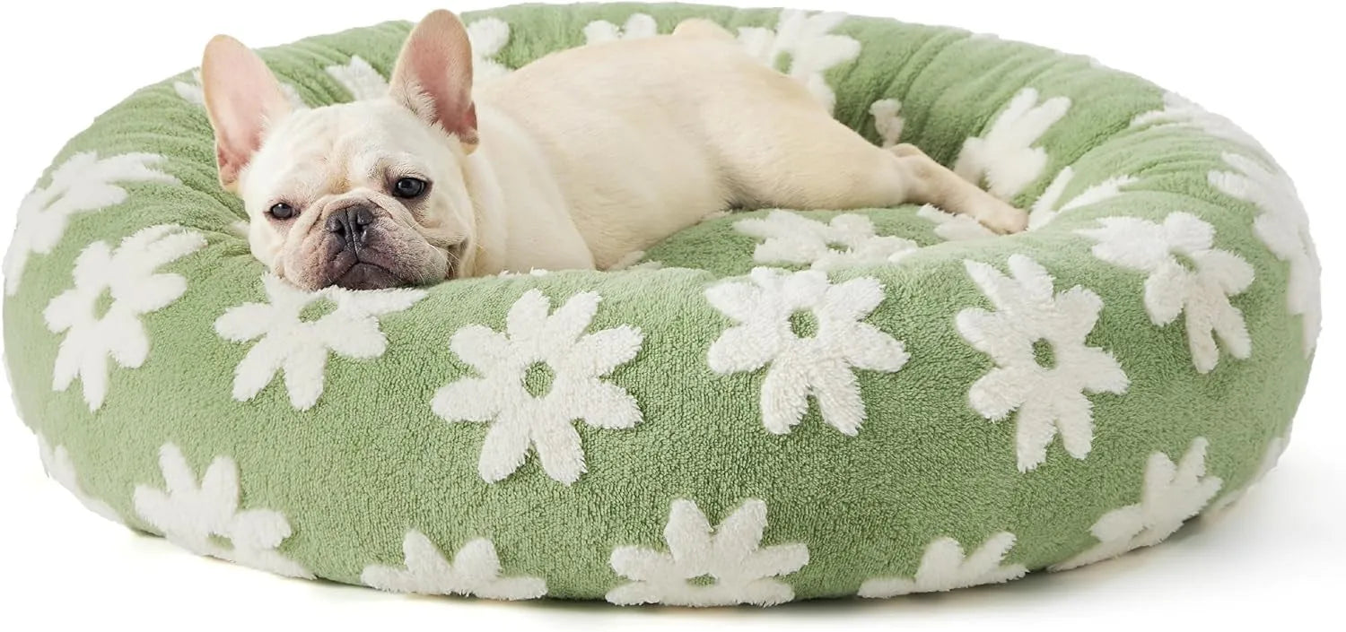 Round plastic dog bed with plaid cushion available in multiple colours and four size options