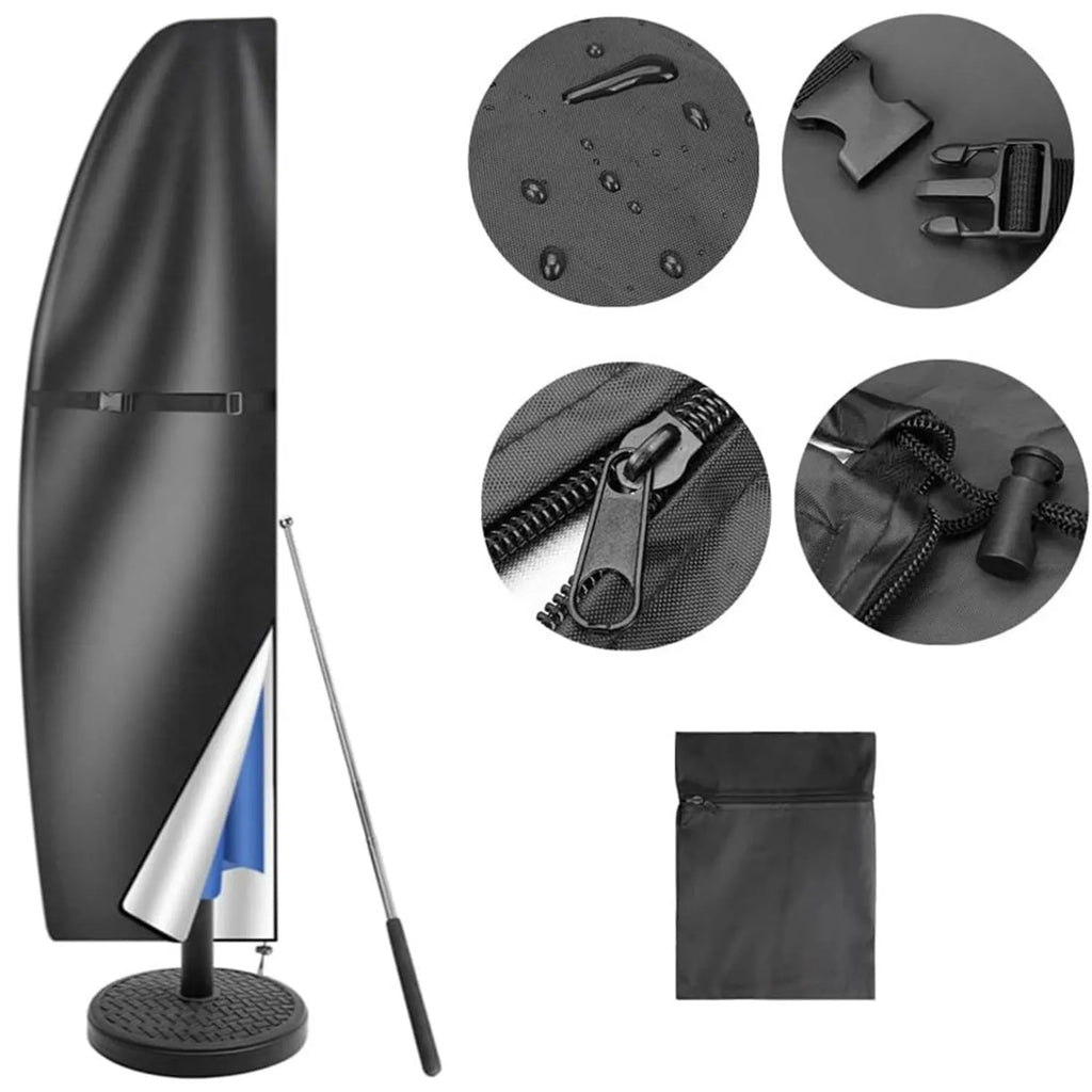 Waterproof outdoor banana umbrella cover in Oxford cloth, available in black or grey with five size options