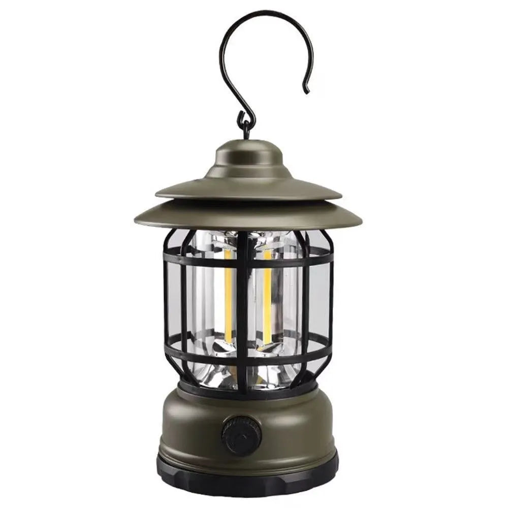 Portable camping head lamp lantern in dark green, black, or red with three power type options