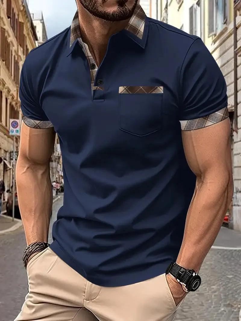 Men's loose fit plaid colourblock T-shirt with zipper decoration details on short sleeves