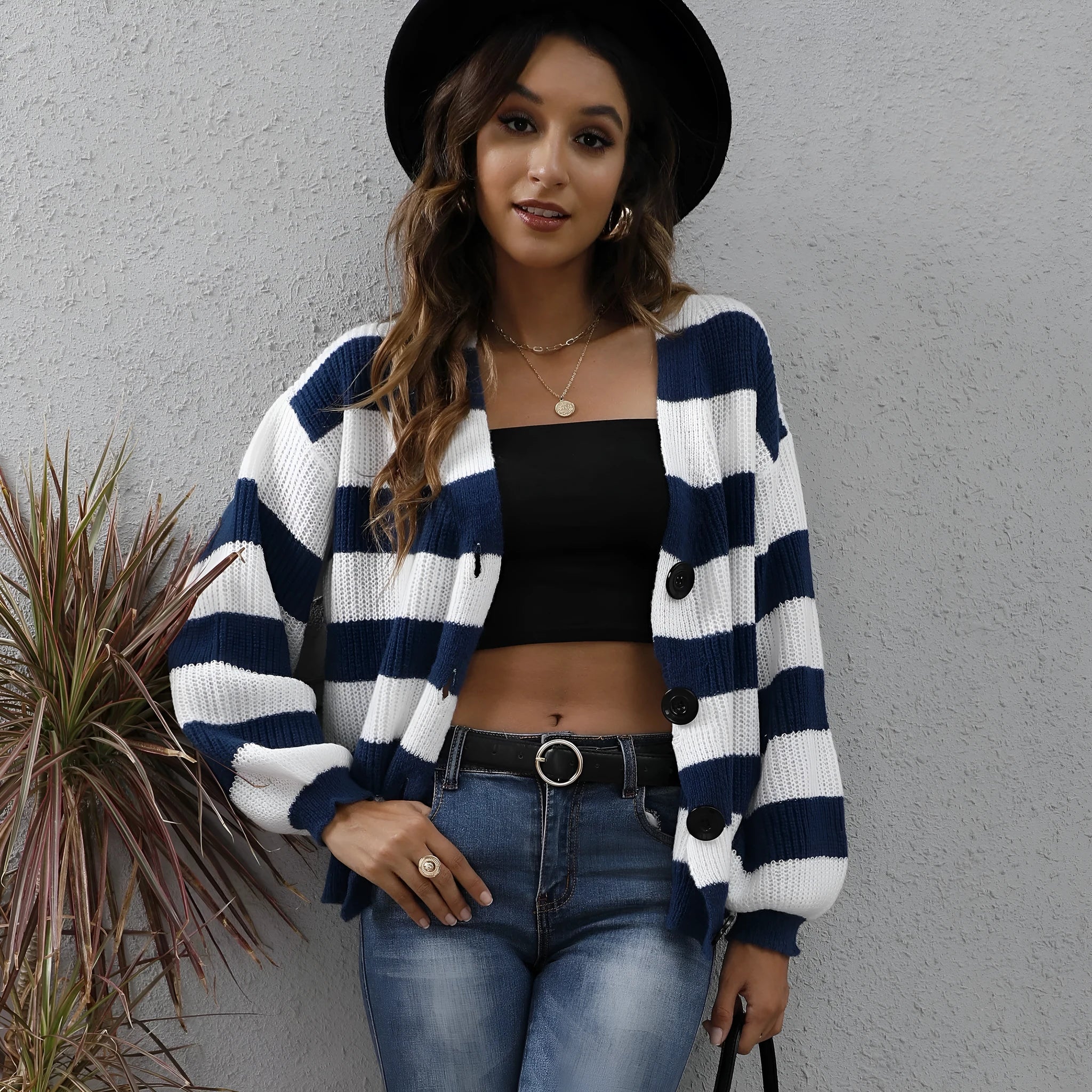 Women's striped deer plush cardigan with button front in blue, black, brown, or dark green.