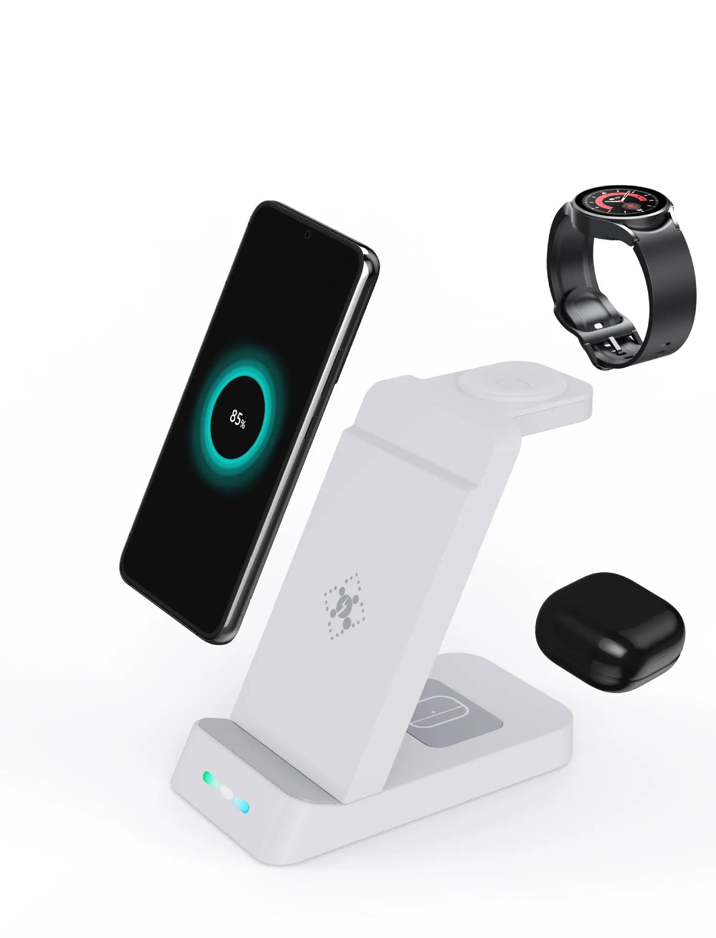 Black and white three-in-one 65W wireless charging station with phone stand for iPhone and Samsung devices
