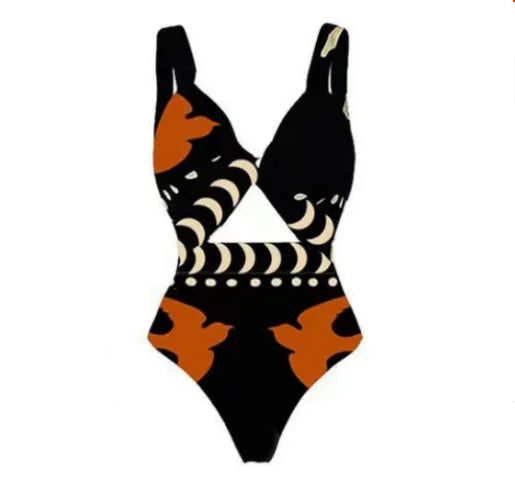 Women's polyester one-piece swimsuit showing multiple colour options including black, yellow, and printed designs