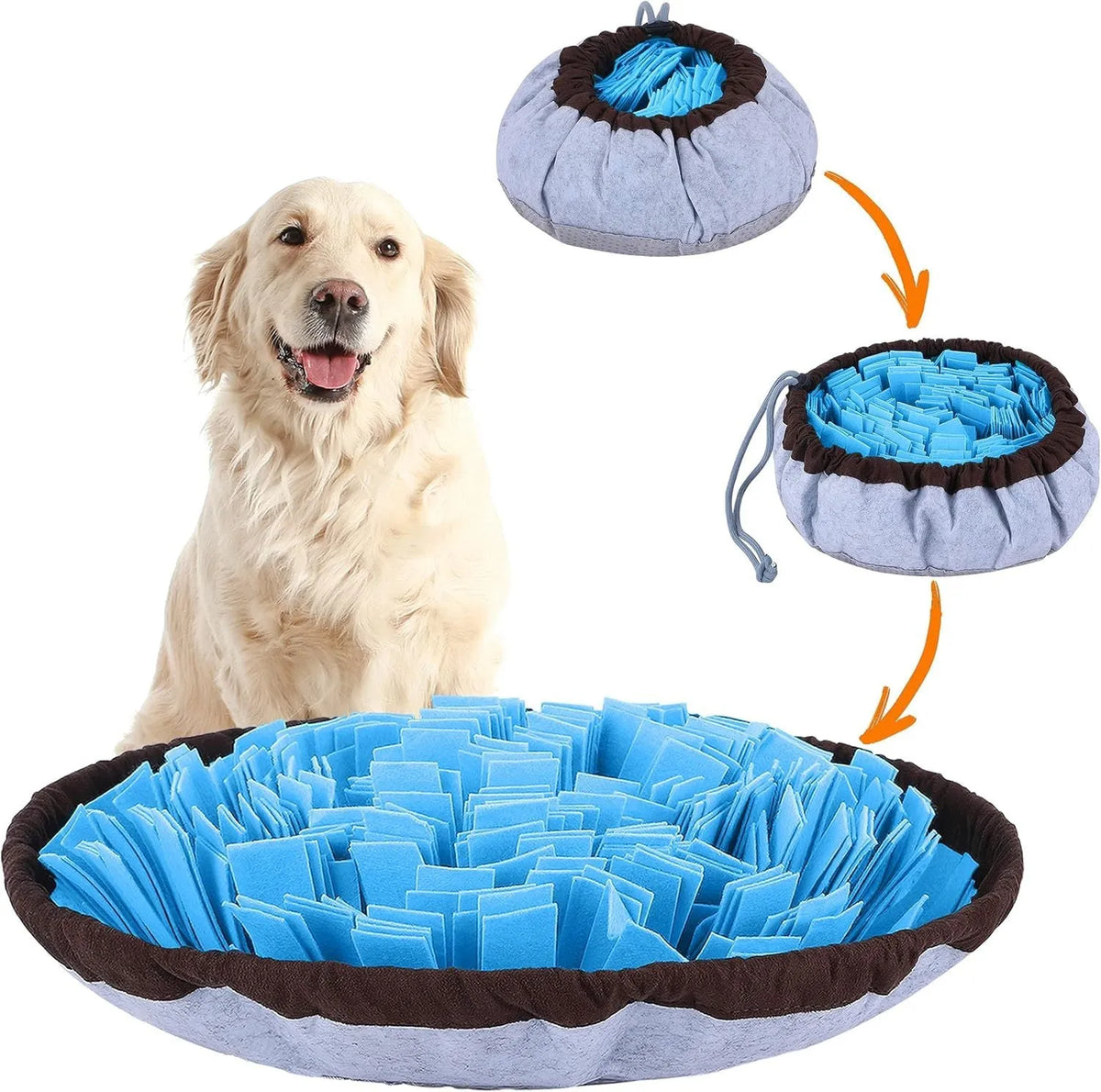 Blue adjustable fabric snuffle mat for dogs with hidden treat pockets.