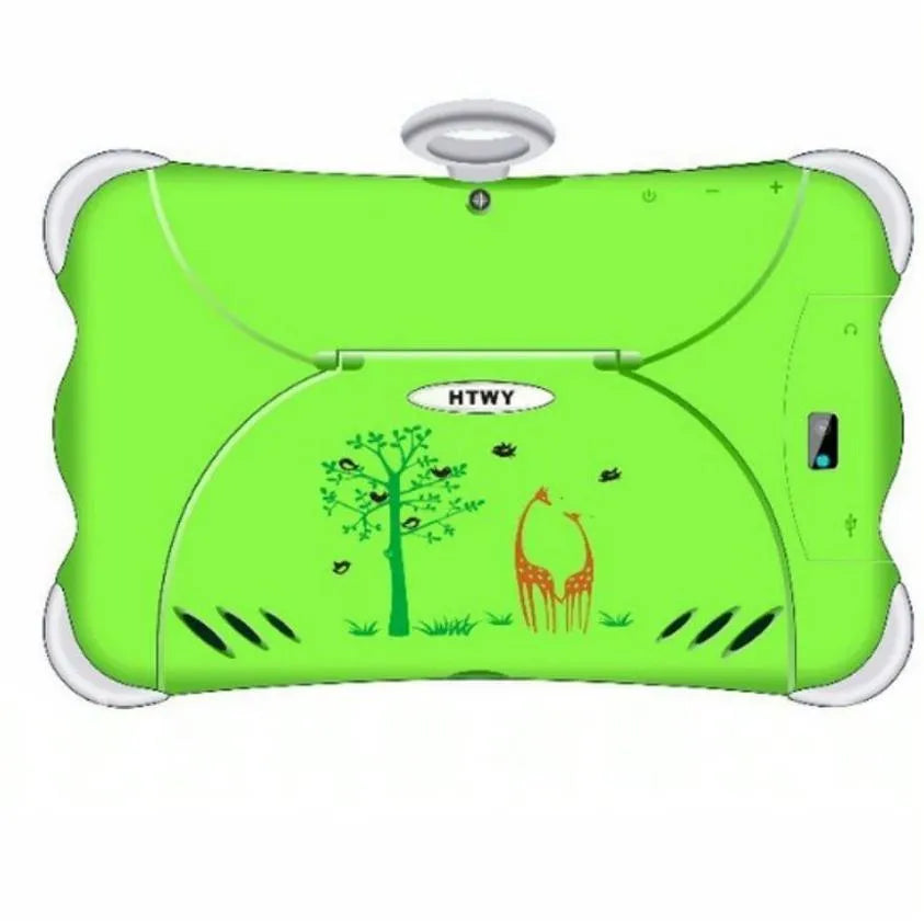 A 7-inch children's learning tablet in a cartoon colour, shown with its stand attached, on a table.