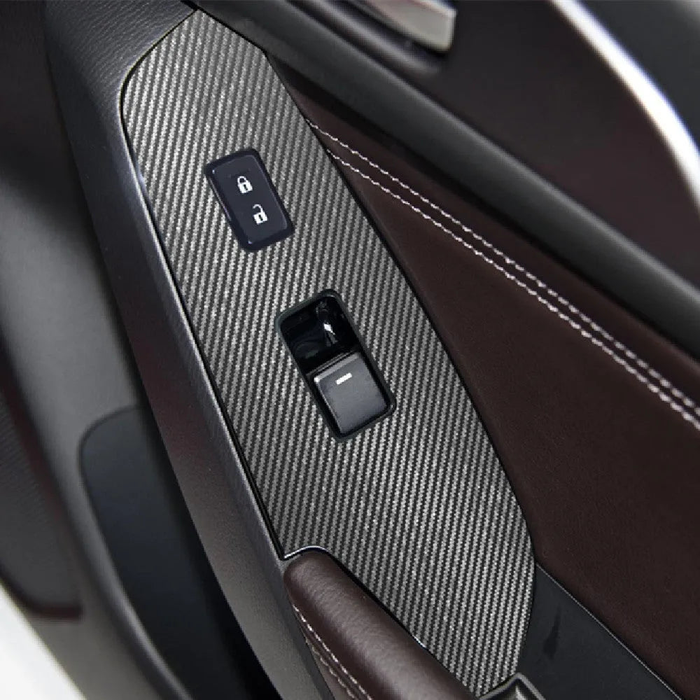 Four TPU protective films for a 14-19 car door control panel, showing transparent and black finish options.