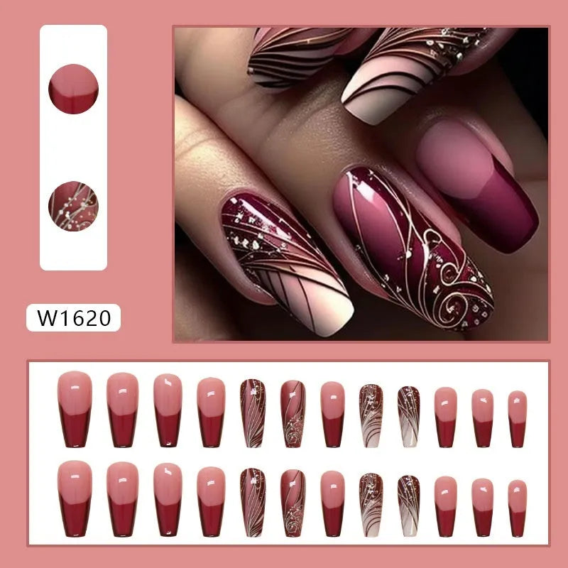 French line pattern false nails with W1620 colour on display, showing removable sticker patch design