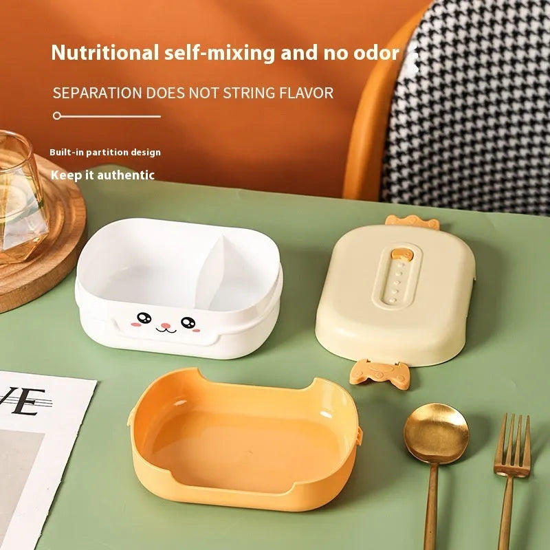 Solid colour square plastic lunch box with divided compartments in microwave safe design