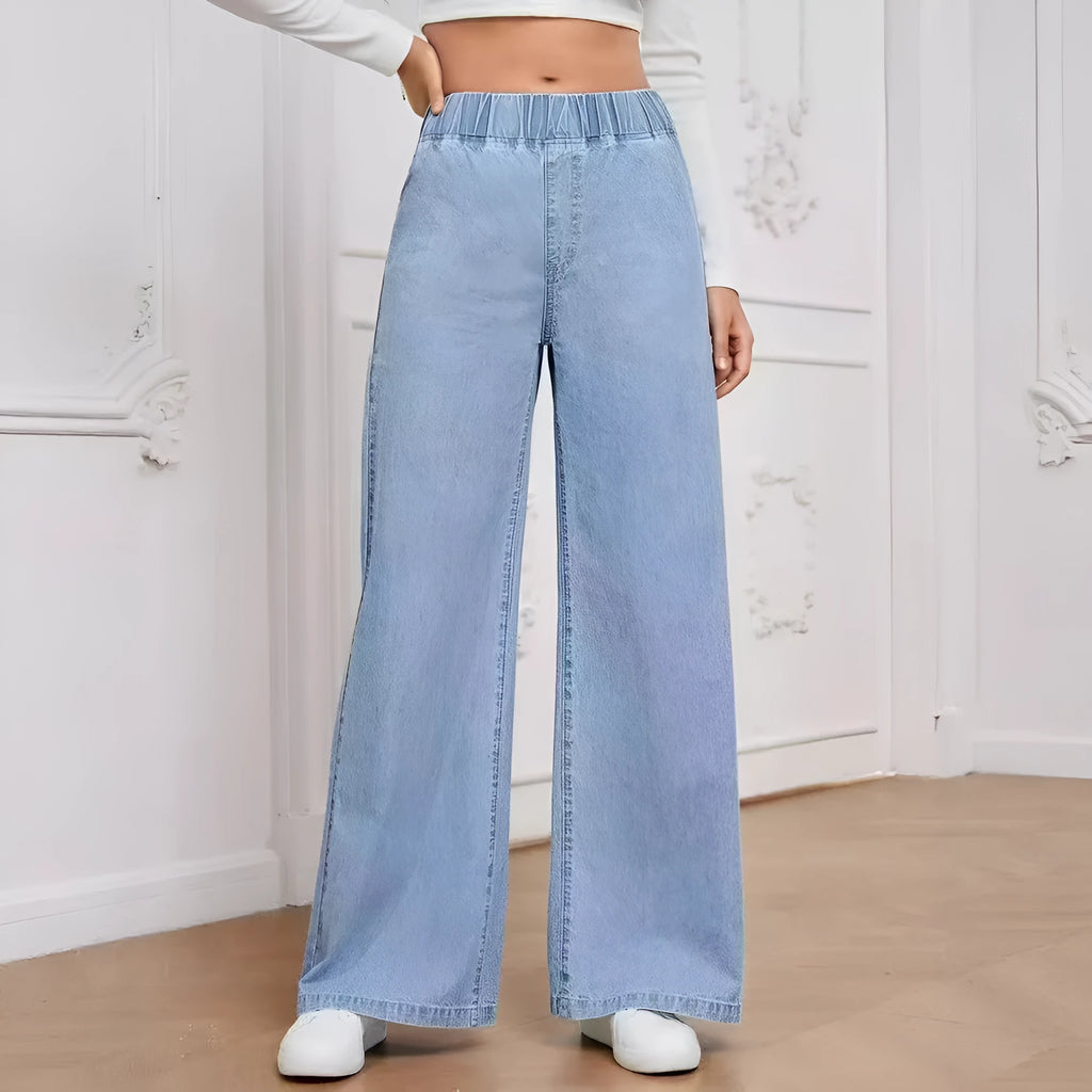 Light blue washed wide-leg denim trousers with straight leg cut and mid waist design