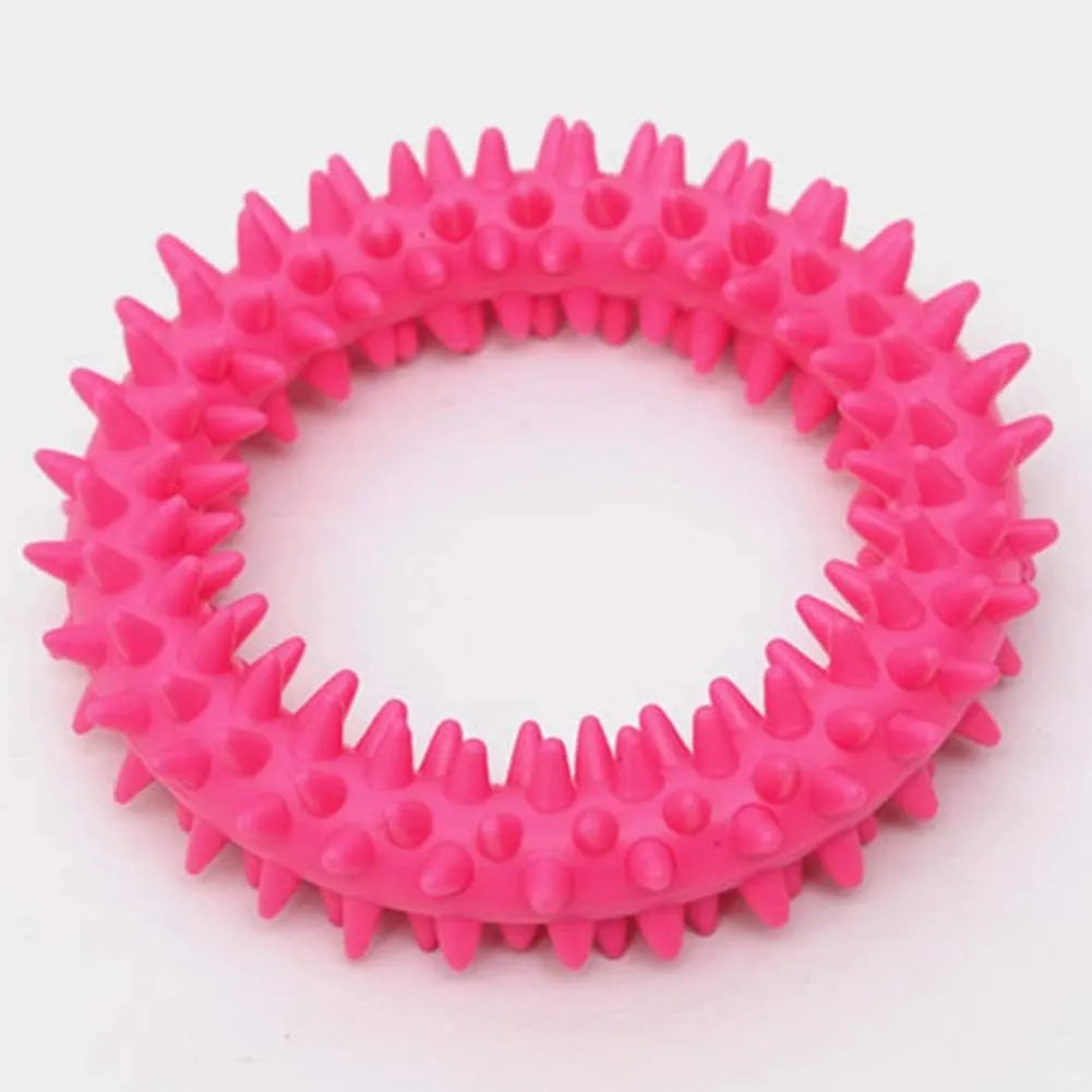 9.5cm diameter TPR dog chew toy with spiked dental cleaning nubs in multiple colours